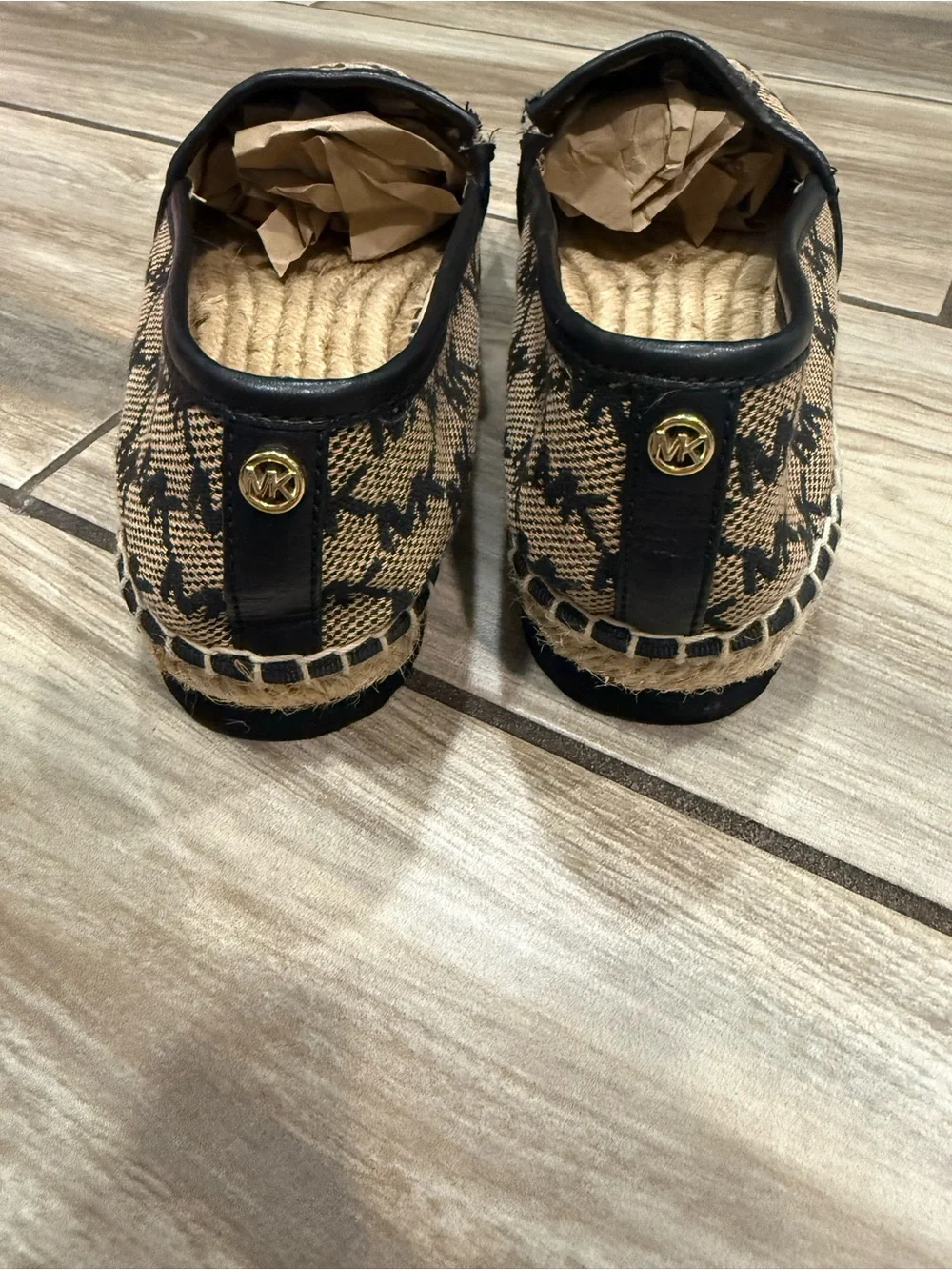 Michael Kors Tan and Black Monogram Espadrille Slip-Ons